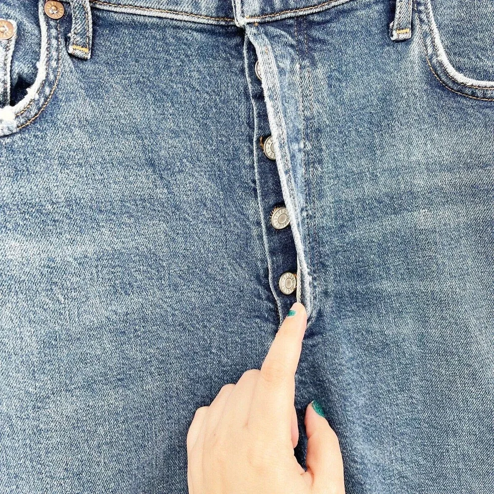 Agolde Riley Straight Crop Jeans Sz 32 Blue High Rise Button Fly Distressed - Picture 3 of 12